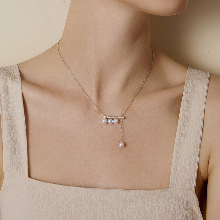 Akoya Pearl 18K Yellow Gold Balance Beam Diamond Necklace