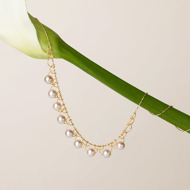 Akoya Pearl 18K Gold Woven Beaded Chain Necklace