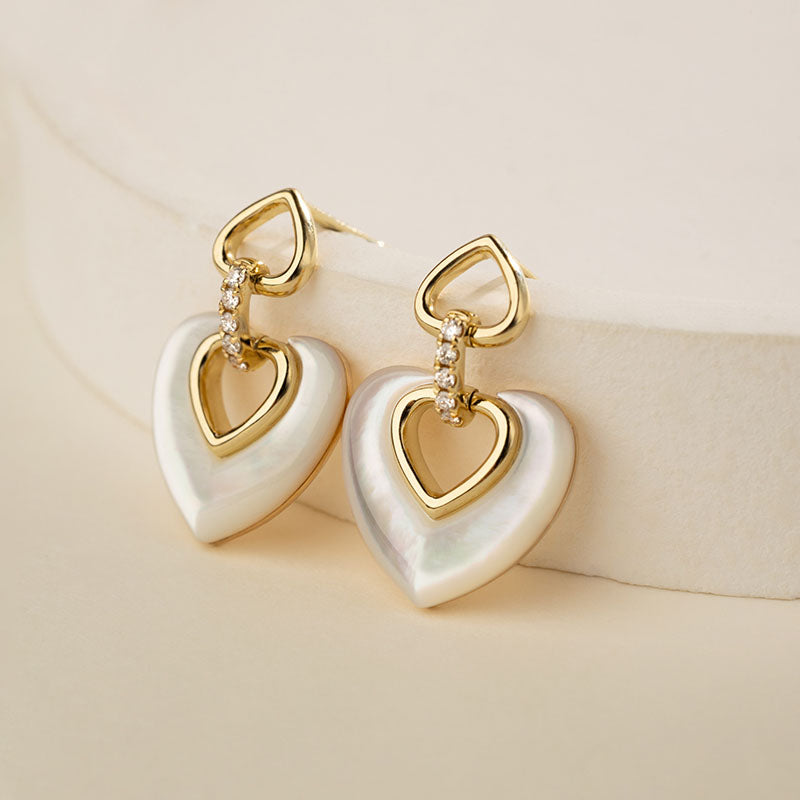 18K Gold Diamond Mother-of-Pearl Intertwined Heart Earrings