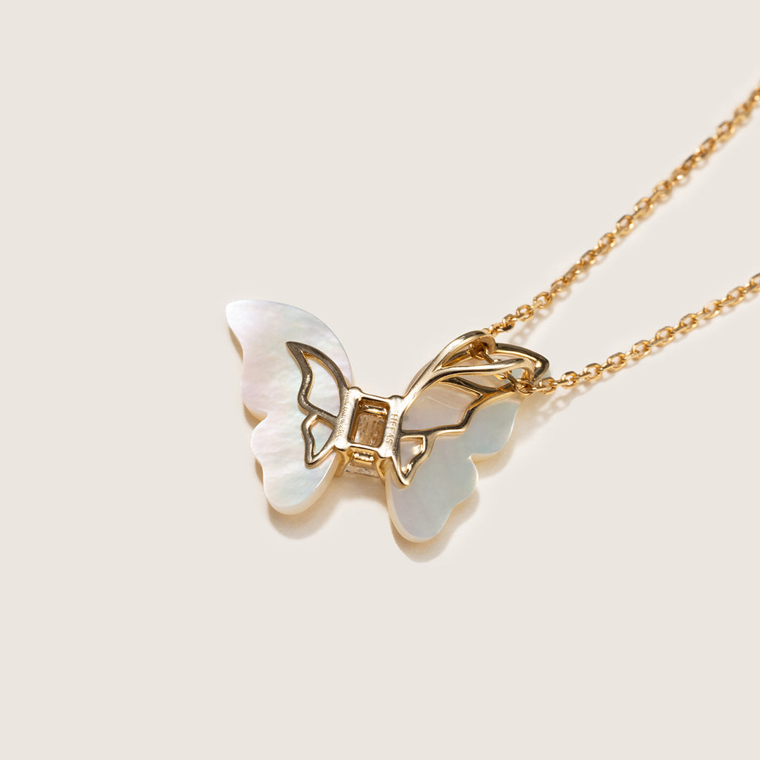 Mother-of-Pearl 9K Gold Lab-Grown Diamond Butterfly Sugar Cube Pendant Necklace