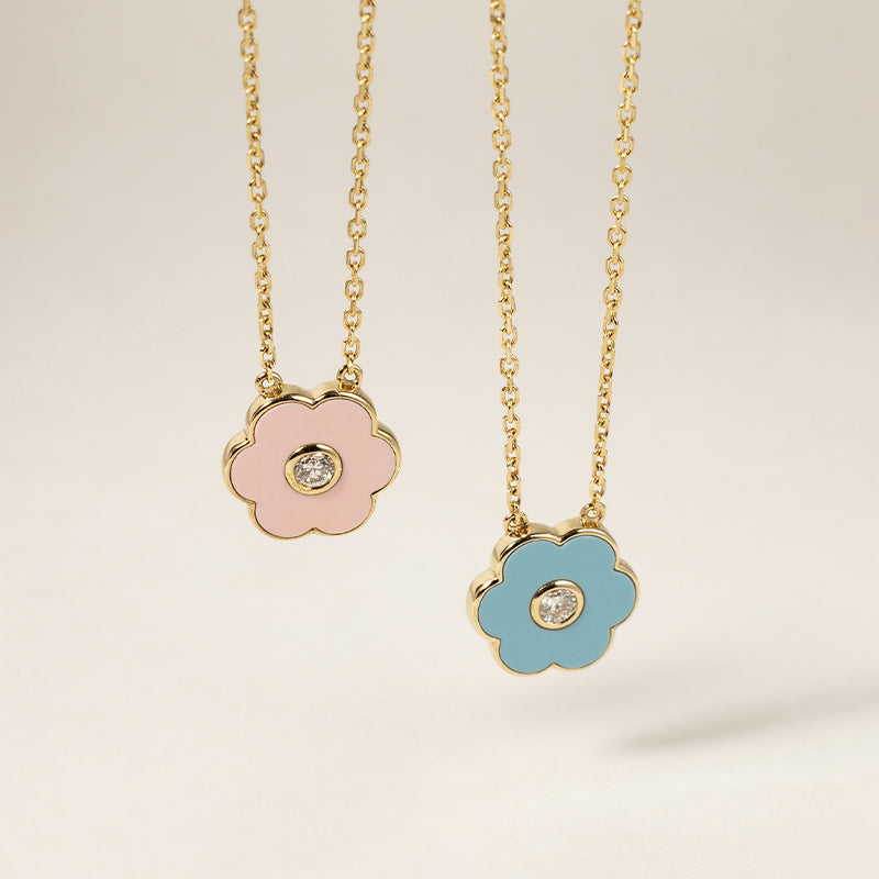 Mother-daughter Matching 18K Gold Enamel Diamond Petite Flower Necklace
