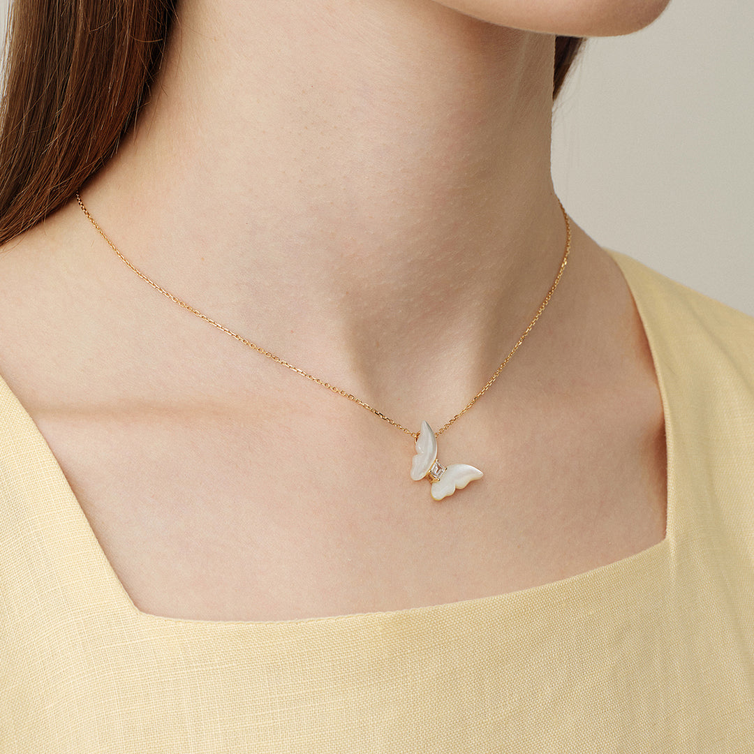 Mother-of-Pearl 9K Gold Lab-Grown Diamond Butterfly Sugar Cube Pendant Necklace