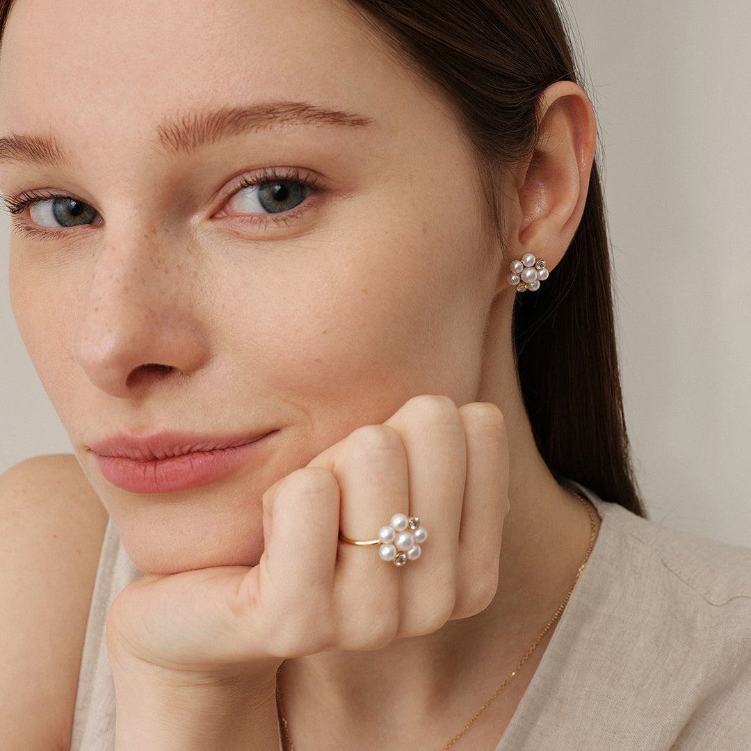 Freshwater Pearl 9K Gold Lab-Grown Diamond Dandelion Stud Earrings