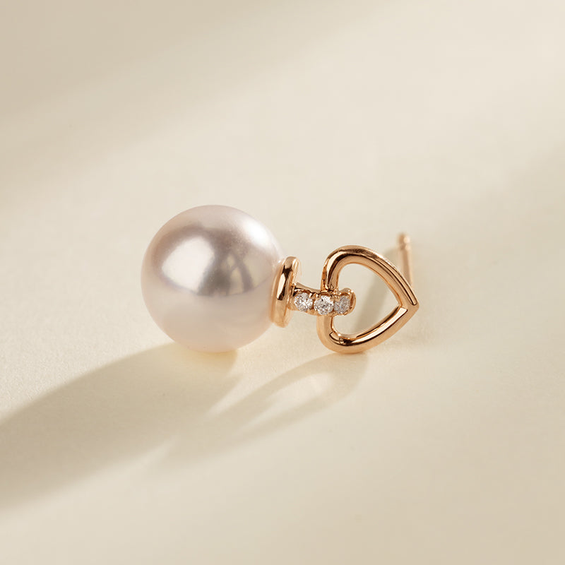 Akoya Pearl 18K Gold Diamond Red Heart Studs Earrings
