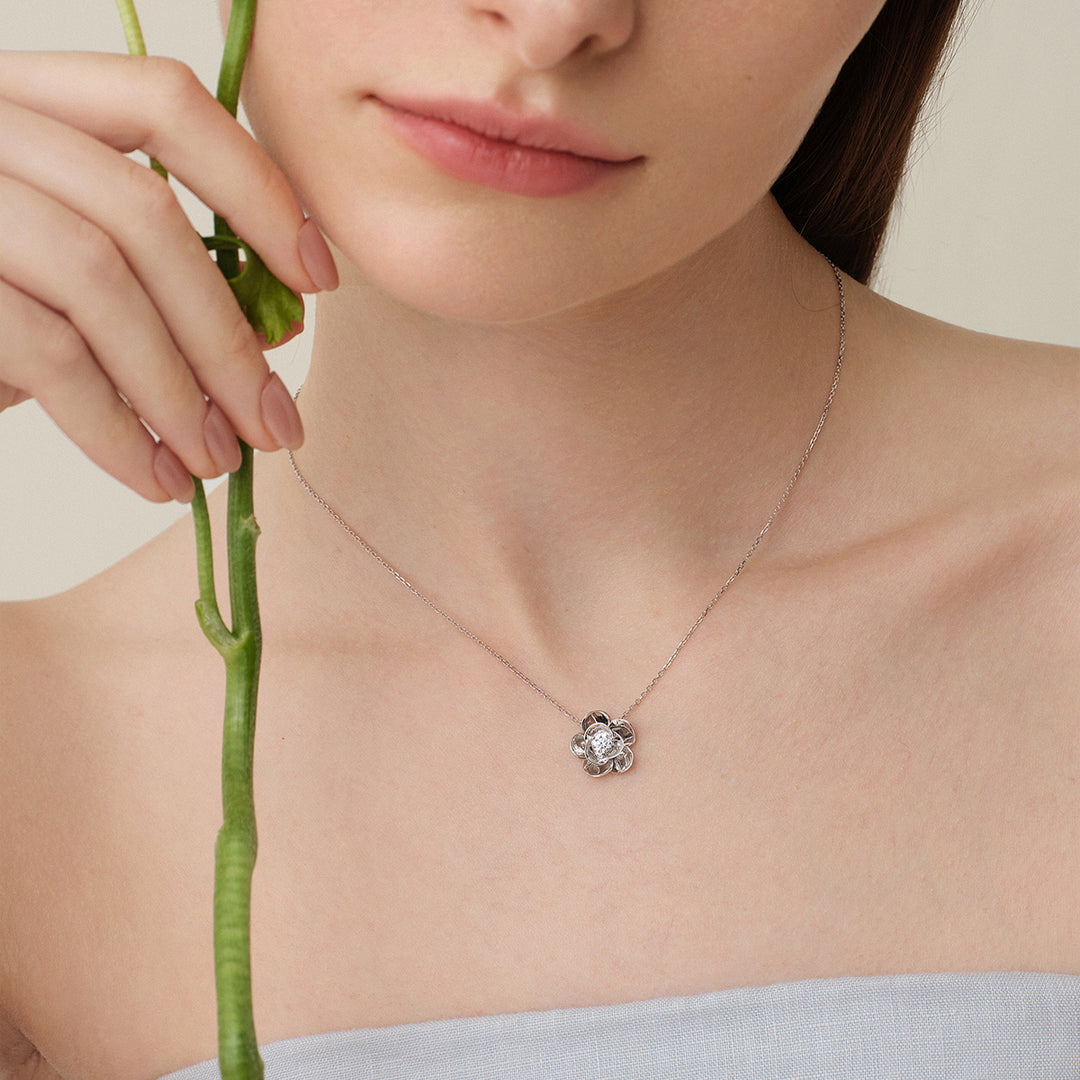 9K White Gold Lab-Grown Diamond Jasmine Pendant Necklace
