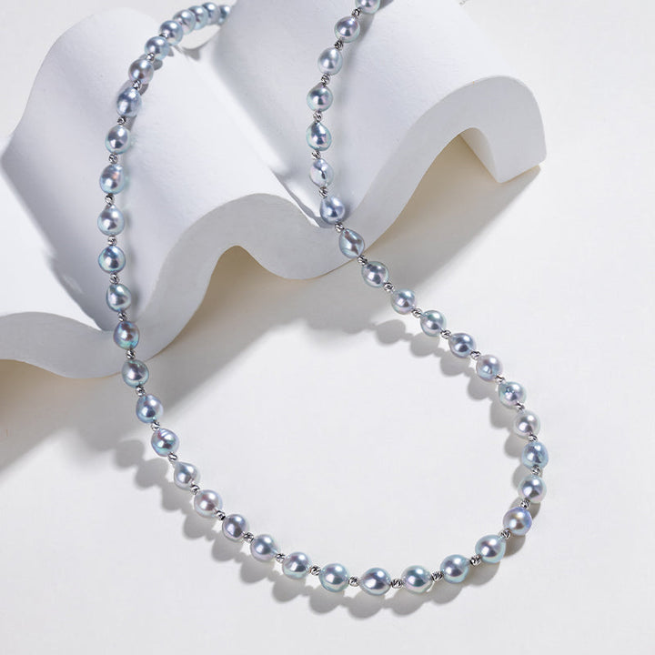 Baroque Silver-blue Pearl 18K Gold Alternating Bead Necklace