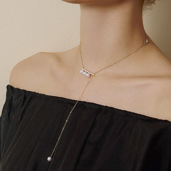 Akoya Pearl 18K Yellow Gold Balance Beam Diamond Necklace