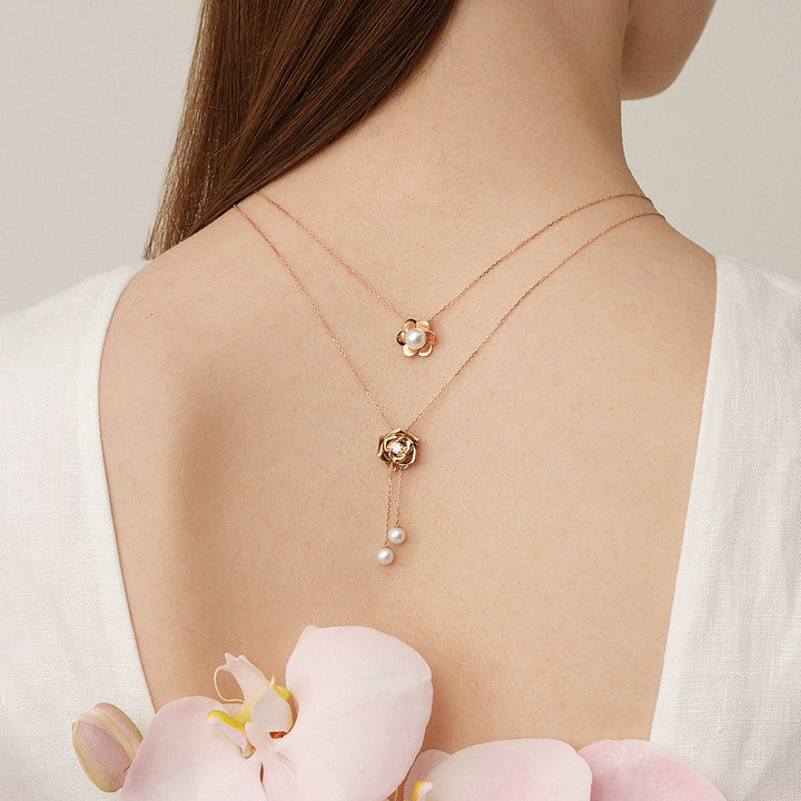 Freshwater Pearl 9K Rose Gold Lab-Grown Diamond Dewdrop Rose Necklace