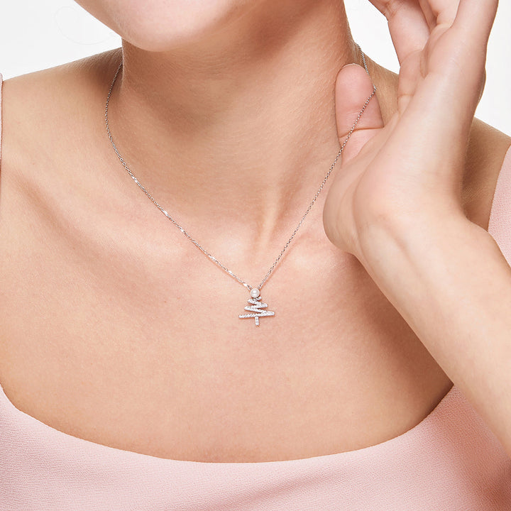 18K White Gold Christmas Tree Diamond Pendant Necklace