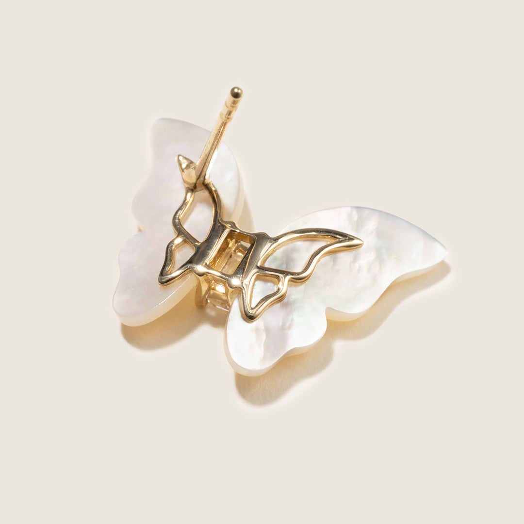 Mother-of-Pearl 9K Gold Lab-Grown Diamond Butterfly Sugar Cube Stud Earrings