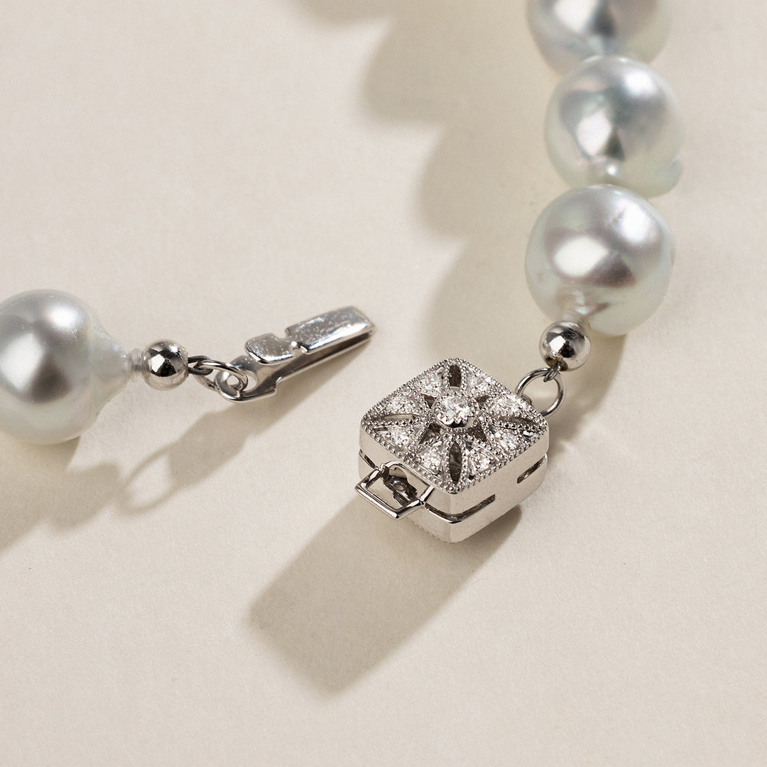 South Sea Pearl 10K White Gold Square Clasp Diamond Elegant Bracelet