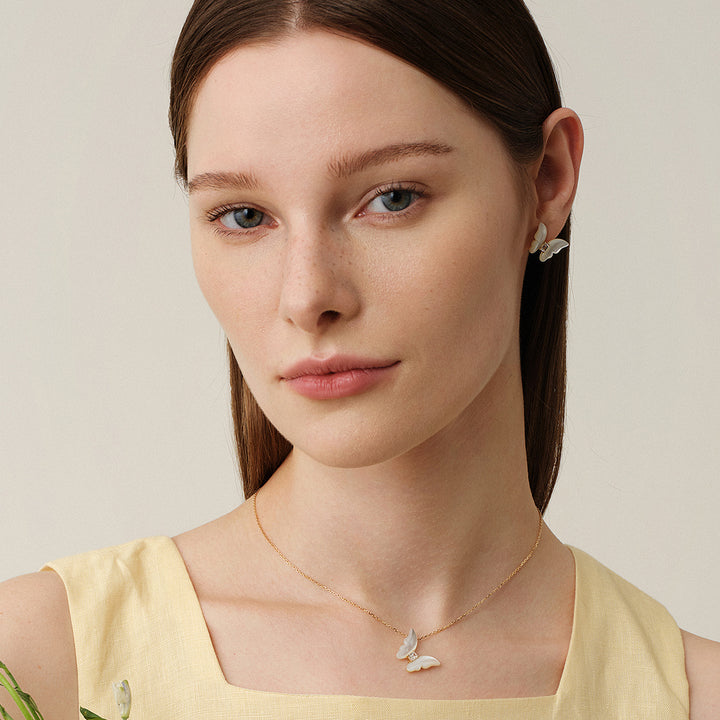 Mother-of-Pearl 9K Gold Lab-Grown Diamond Butterfly Sugar Cube Stud Earrings