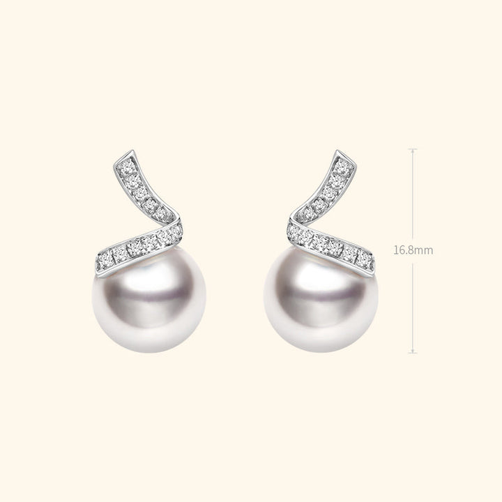South Sea Pearl 18K White Gold Classic Wave Stud Diamonds Earrings