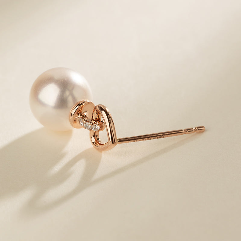 Akoya Pearl 18K Gold Diamond Red Heart Studs Earrings