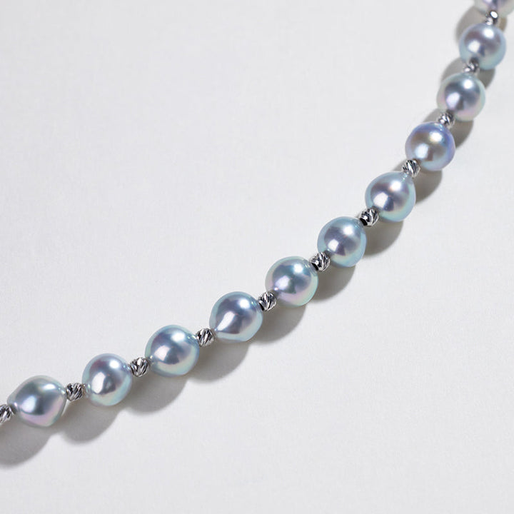 Baroque Silver-blue Pearl 18K Gold Alternating Bead Necklace