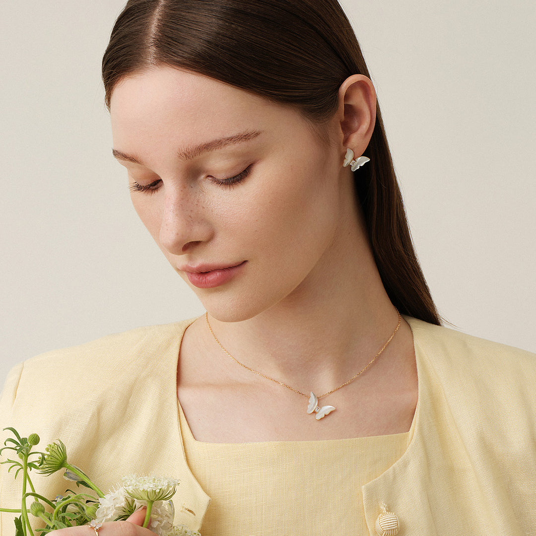 Mother-of-Pearl 9K Gold Lab-Grown Diamond Butterfly Sugar Cube Stud Earrings