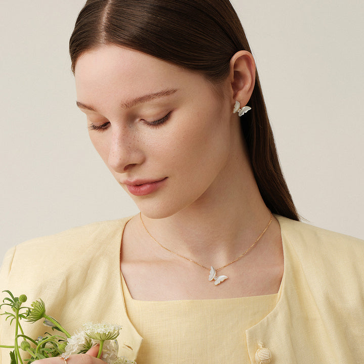 Mother-of-Pearl 9K Gold Lab-Grown Diamond Butterfly Sugar Cube Stud Earrings