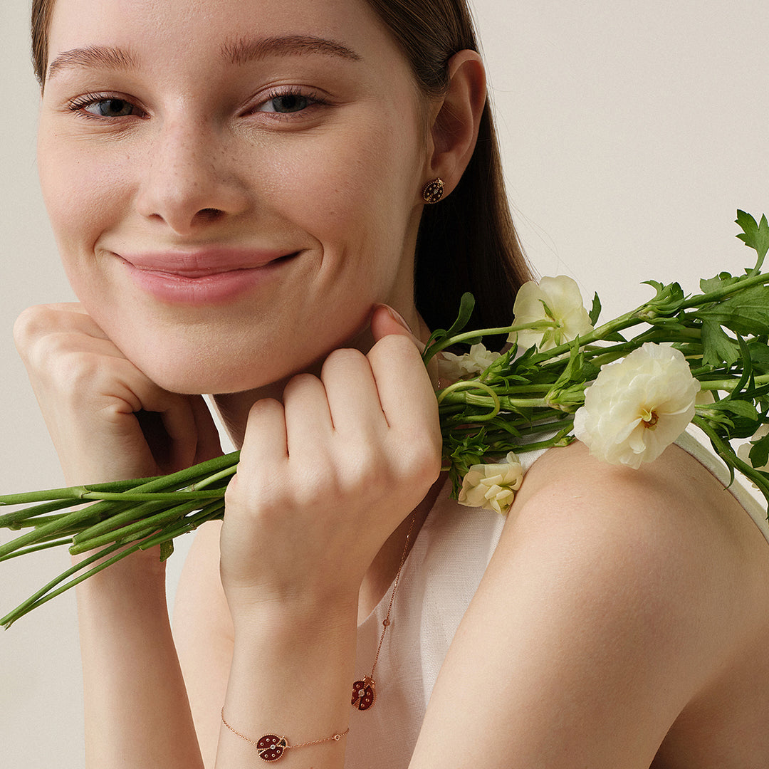 Red Agate 9K Rose Gold Lab-Grown Diamond Insect Stud Earrings