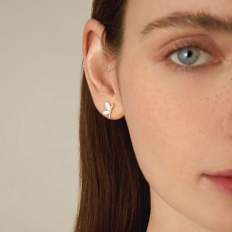 Mother-of-pearl 18K Gold Diamond Dragonfly Ear Studs Earrings