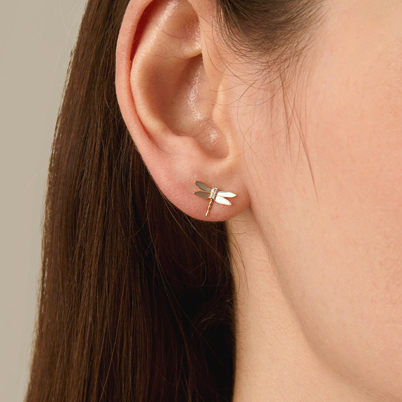 Mother-of-pearl 18K Gold Diamond Whole Dragonfly Ear Studs Earrings
