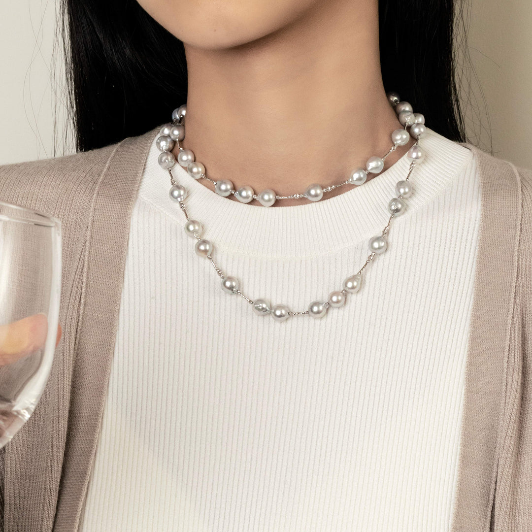 Silver Blue Baroque Pearl 18K Gold Sparkling Long Station Necklace