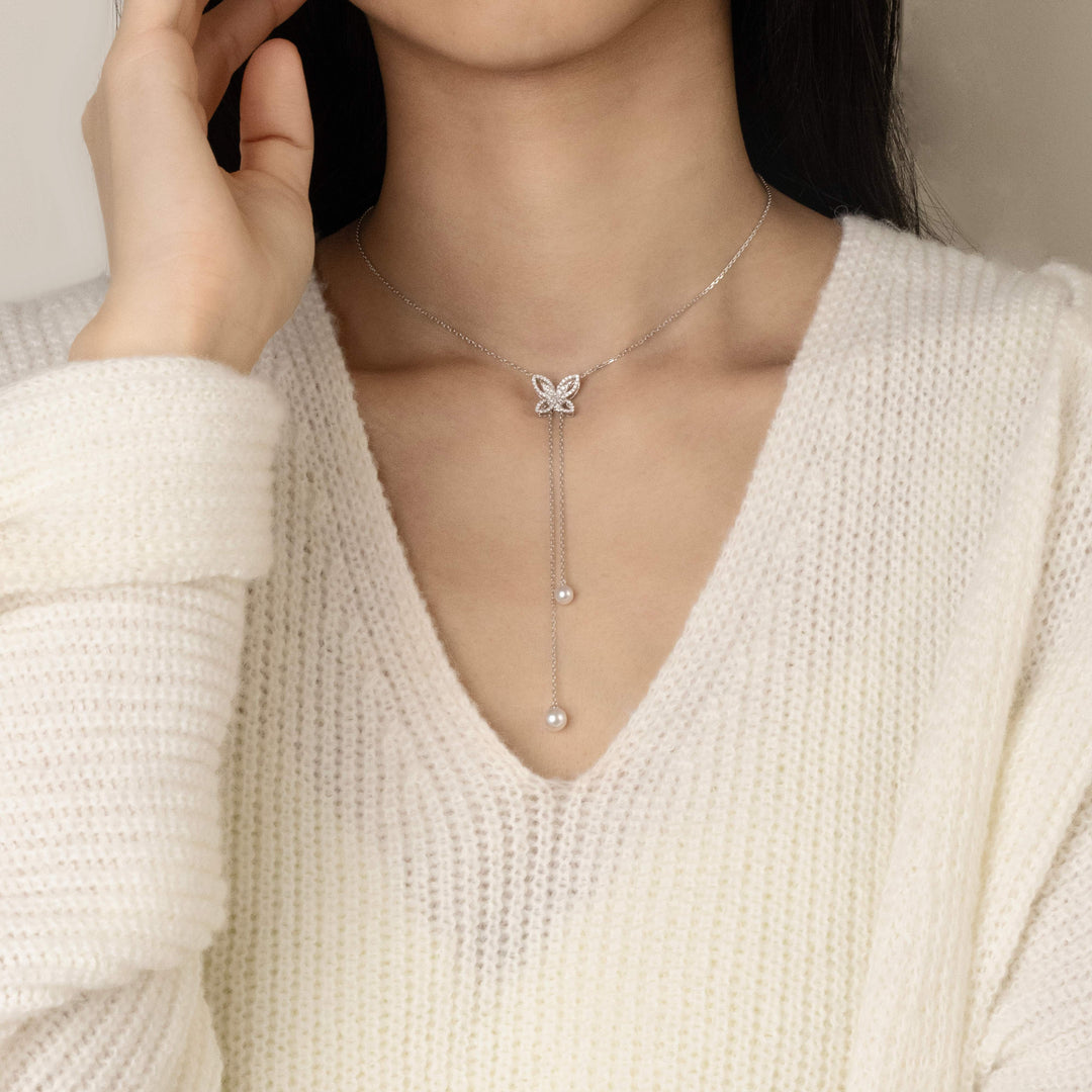 Akoya Pearls 18K Gold Diamond Butterfly Sliding Necklace