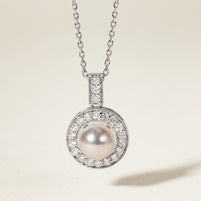 Akoya Pearl Necklace 18K White Gold Diamond Pendulum Pendant