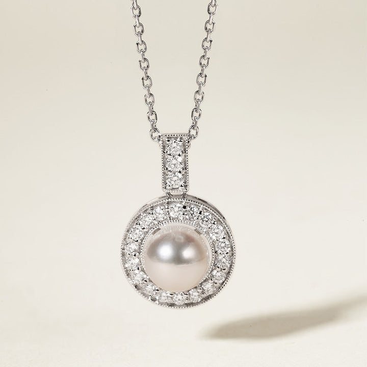 Akoya Pearl Necklace 18K White Gold Diamond Pendulum Pendant