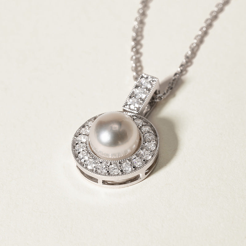Akoya Pearl Necklace 18K White Gold Diamond Pendulum Pendant
