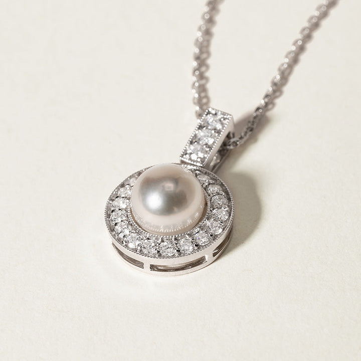 Akoya Pearl Necklace 18K White Gold Diamond Pendulum Pendant