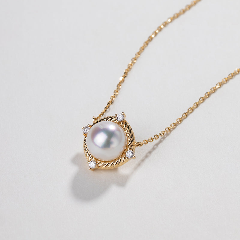 Akoya 18K Gold Textured Swirl Pearl Diamond Necklace