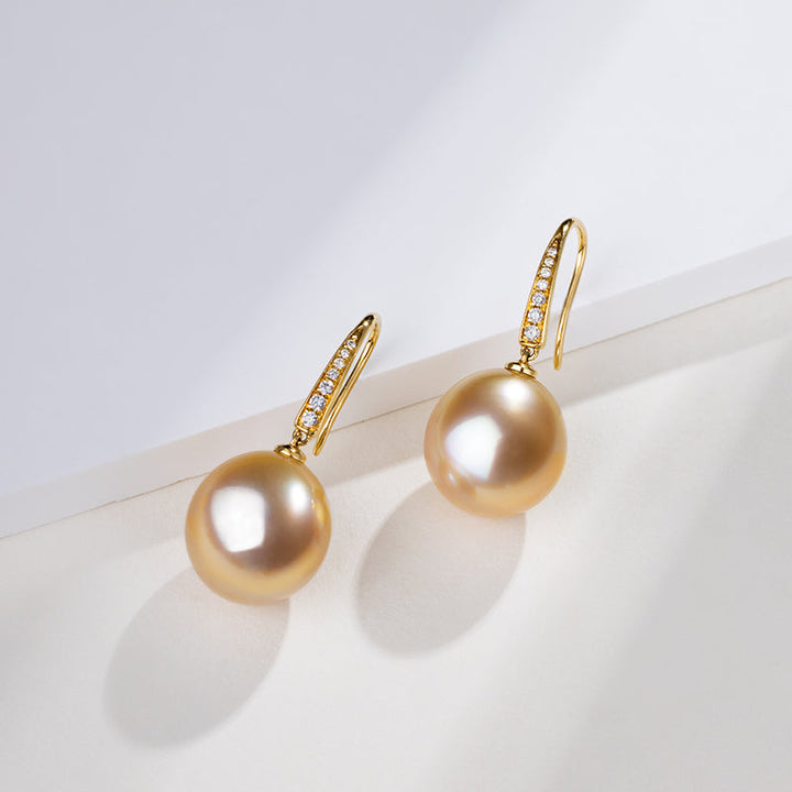 Drop-shaped South Sea Golden Pearl 18K Diamonds French-style Ear Hook Earrings