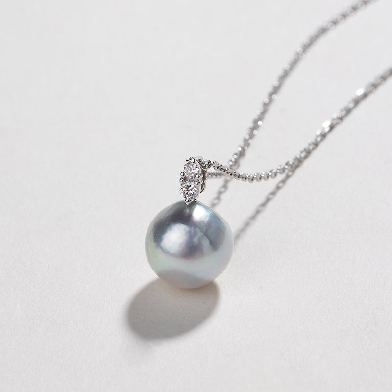 Silver Blue Akoya 18K Gold Double Diamond Pendant Necklace