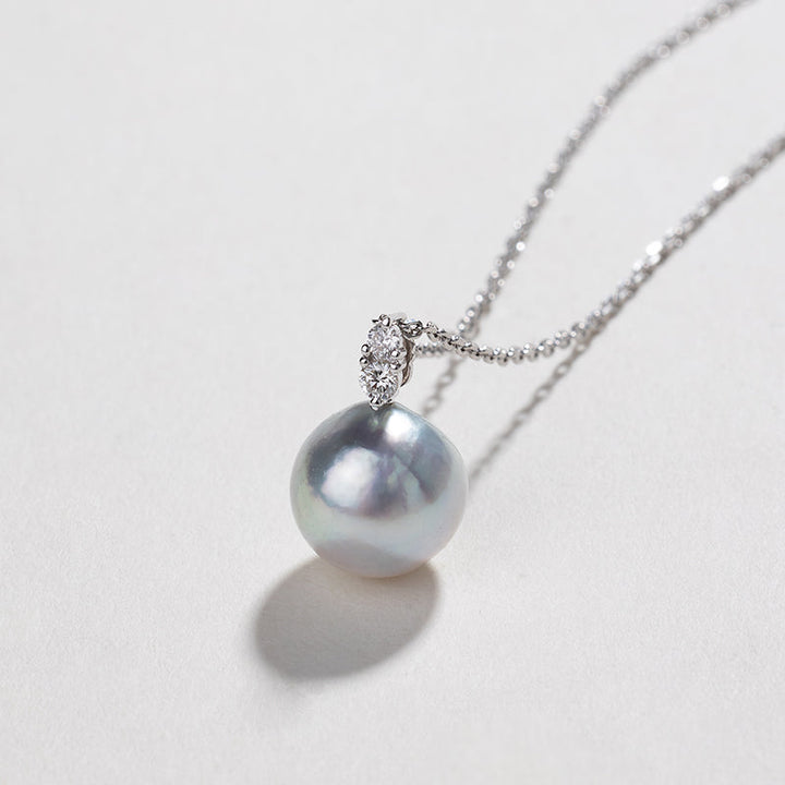 Silver Blue Akoya 18K Gold Double Diamond Pendant Necklace