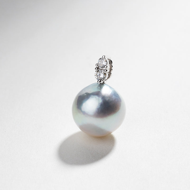 Silver Blue Akoya 18K Gold Double Diamond Pendant Necklace