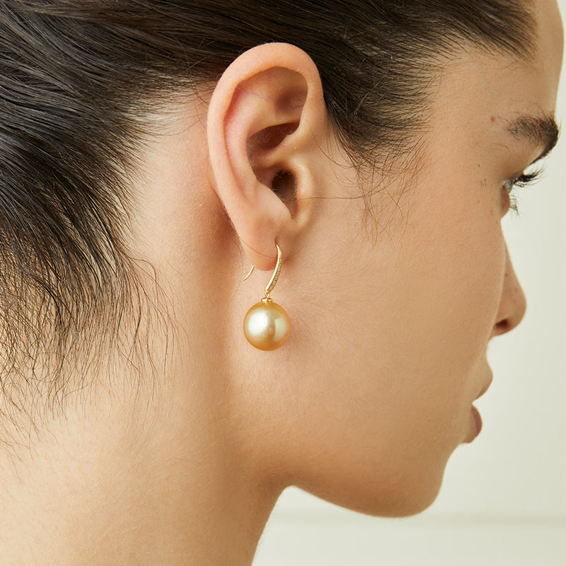 Drop-shaped South Sea Golden Pearl 18K Diamonds French-style Ear Hook Earrings