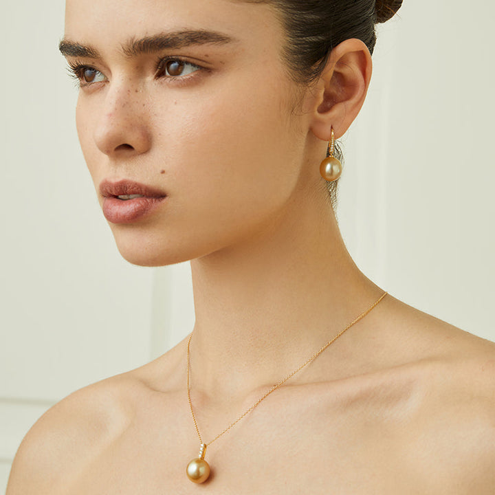 Drop-shaped South Sea Golden Pearl 18K Diamonds French-style Ear Hook Earrings