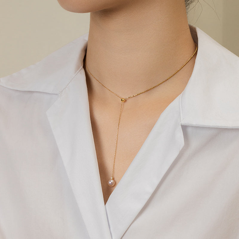 Akoya Saltwater Pearl 18K Gold Diamond Y - shaped Beaded Chain Necklace - HELAS Jewelry