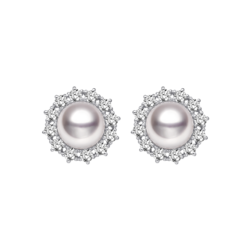 Akoya Pearl 18K White Gold Diamond Sunflower Earrings