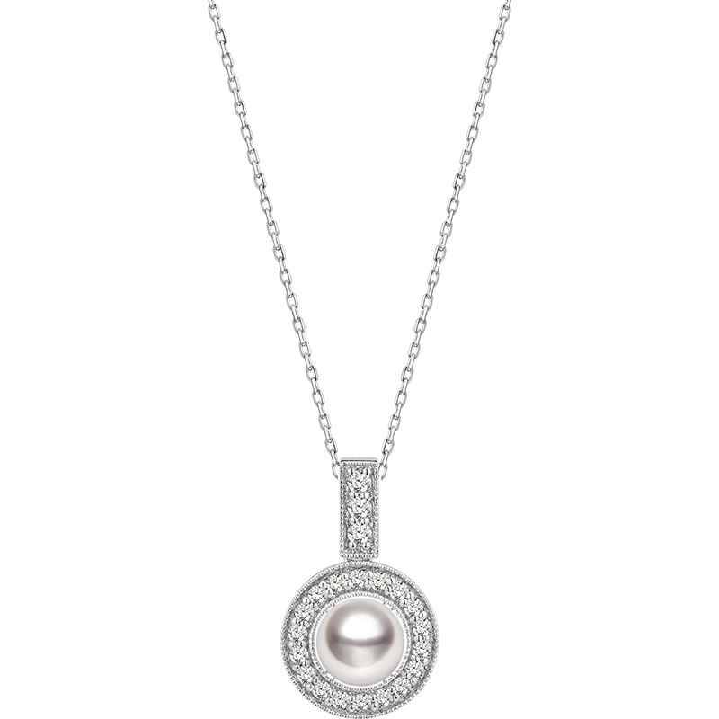 Akoya Pearl Necklace 18K White Gold Diamond Pendulum Pendant