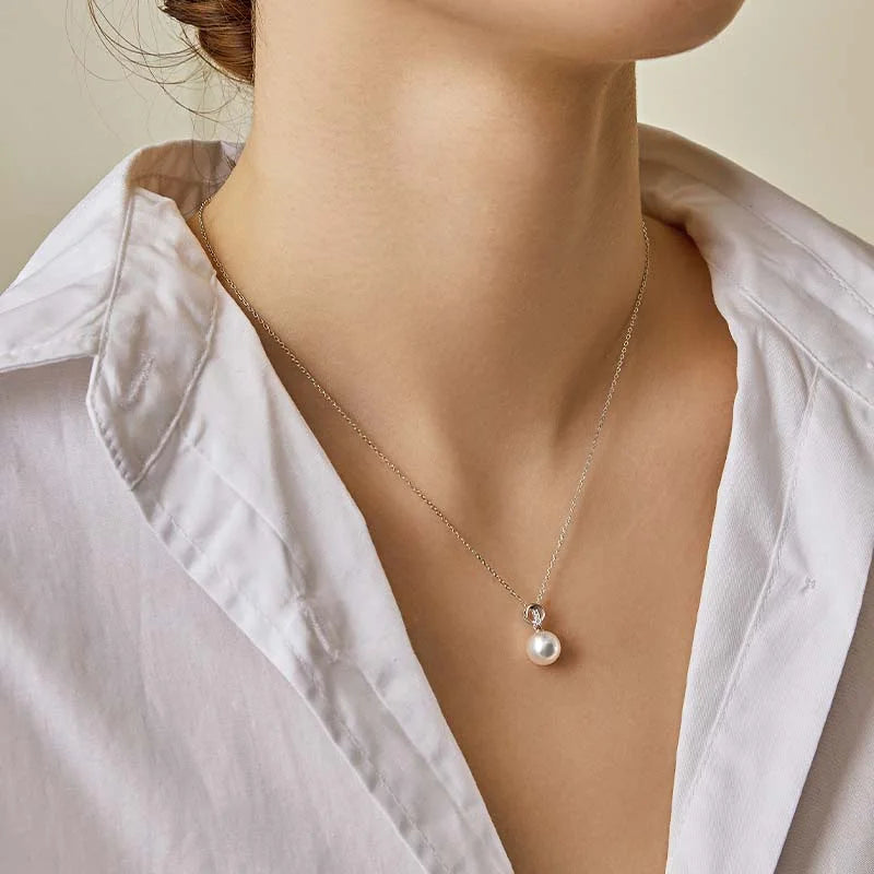 Akoya Pearl 18K White Gold Minimalistic Ring Design Pendant Necklace