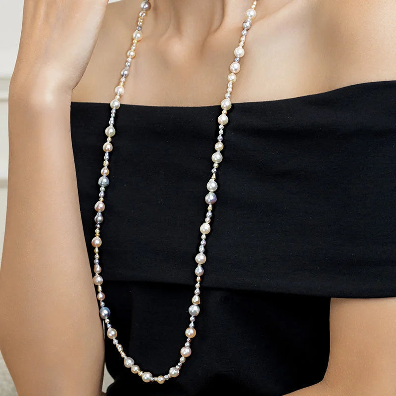 18k Gold Gray Golden Mixed Color Baroque Pearl Beaded Necklace