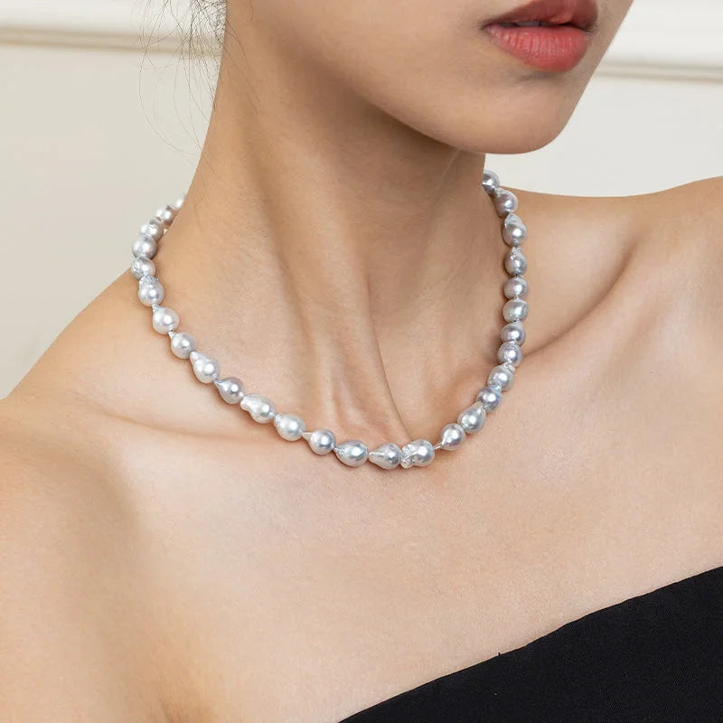 18k Gold Large Akoya Silver Blue Baroque Pearl Beaded Necklace