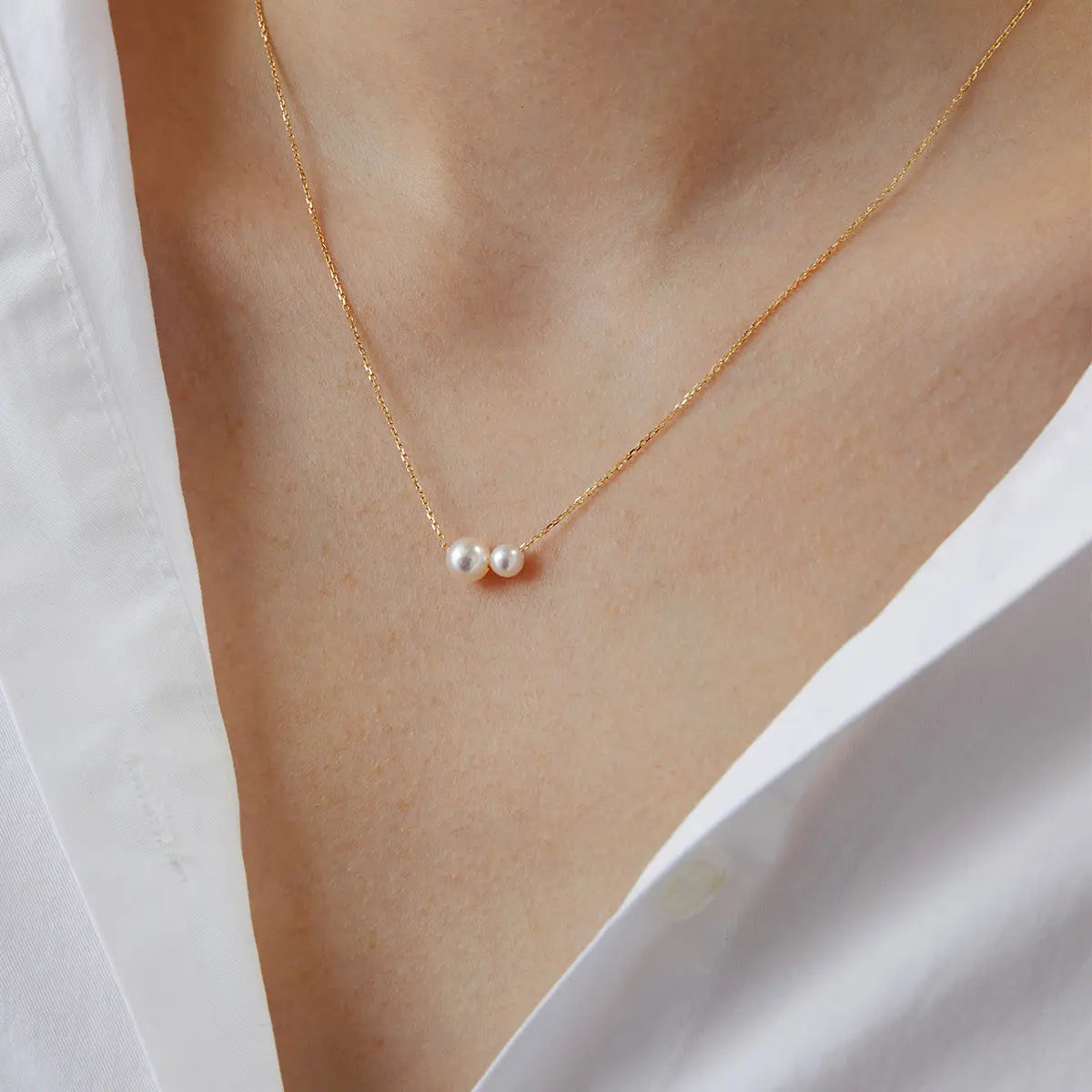 Twin Saltwater Pearl Minimalist Design 18K Necklace