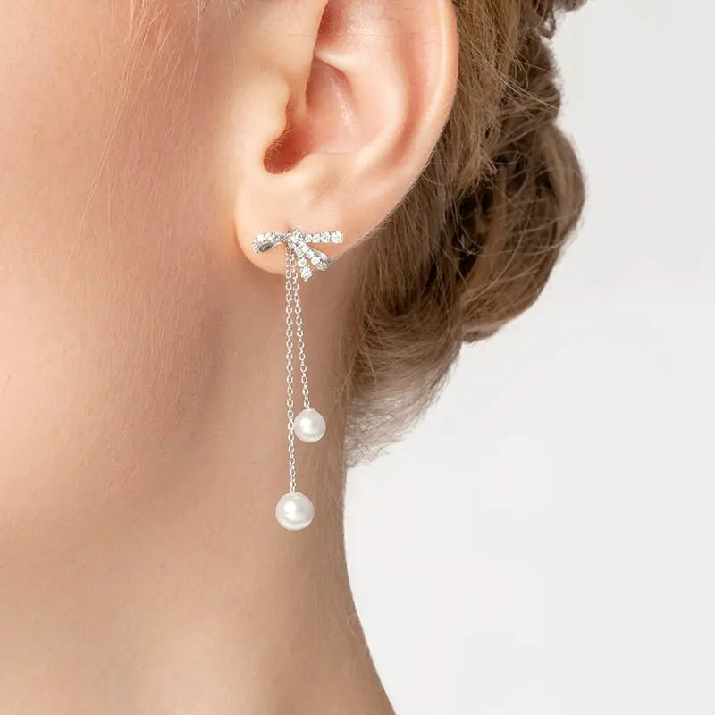 Akoya Pearl 18K White Gold Bowknot Floating Diamond Earrings
