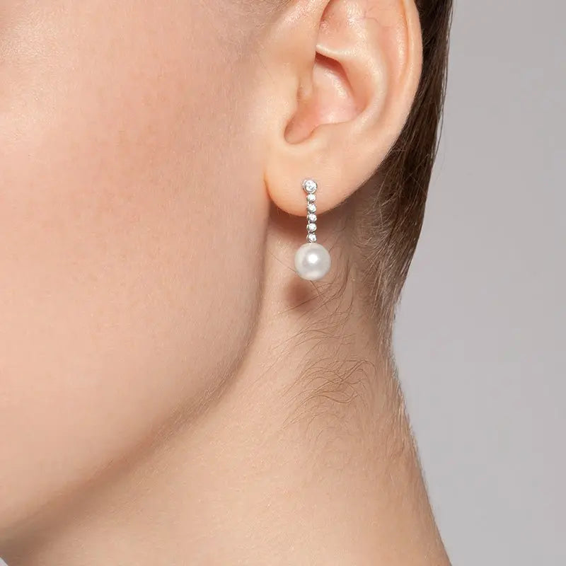 Akoya Pearl 18K White Gold Diamond Long Earrings - HELAS Jewelry