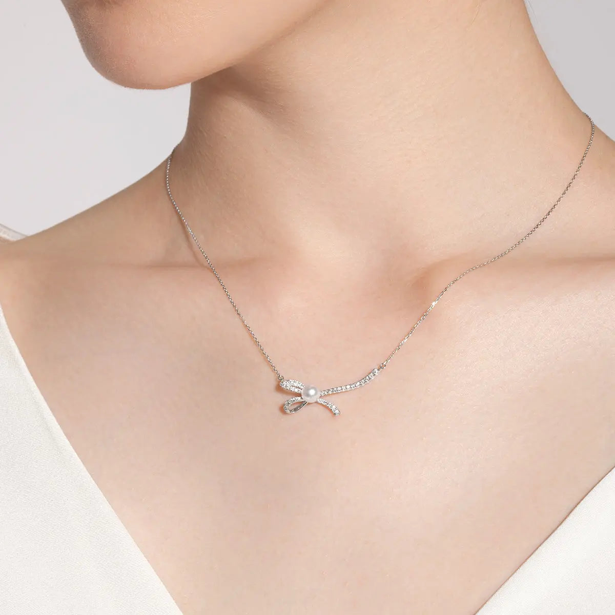 Akoya Pearl 18K White Gold Diamond Ribbon Necklace - HELAS Jewelry