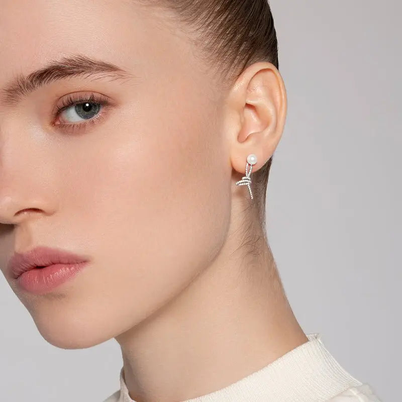 Akoya Pearl 18K White Gold Knot Diamond Earrings