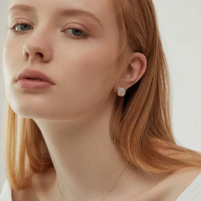 18K Gold Mother of Pearl Convex Style Diamonds Earrings