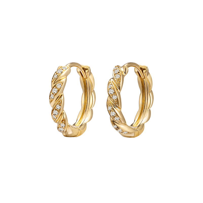 18K Gold Diamond Twist Huggie Hoop Earrings